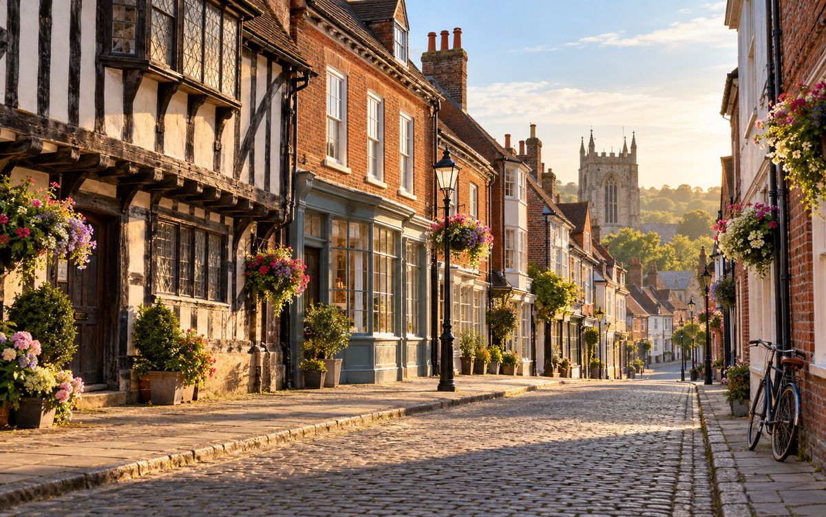 A quiet East Kent market-town high street with a medieval timber-framed building (illustrative photo)